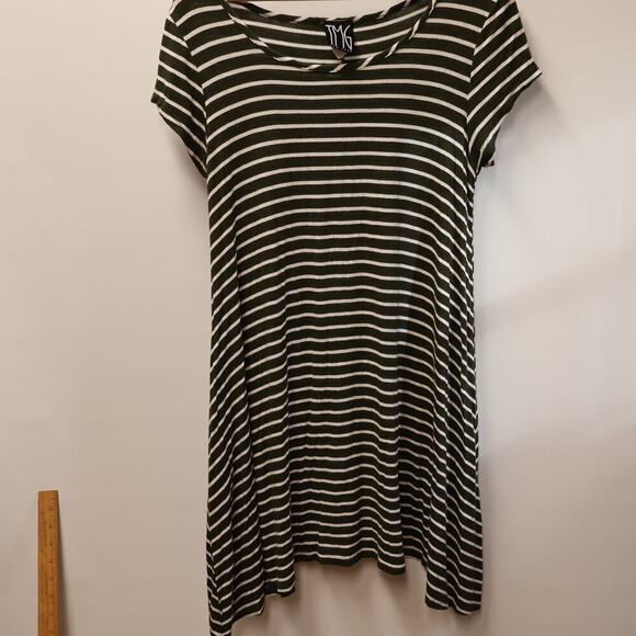 TMG Dress Olive White Stripe Asymmetric Hem Cap Sleeve Round Neck SZ Large - Picture 10 of 12